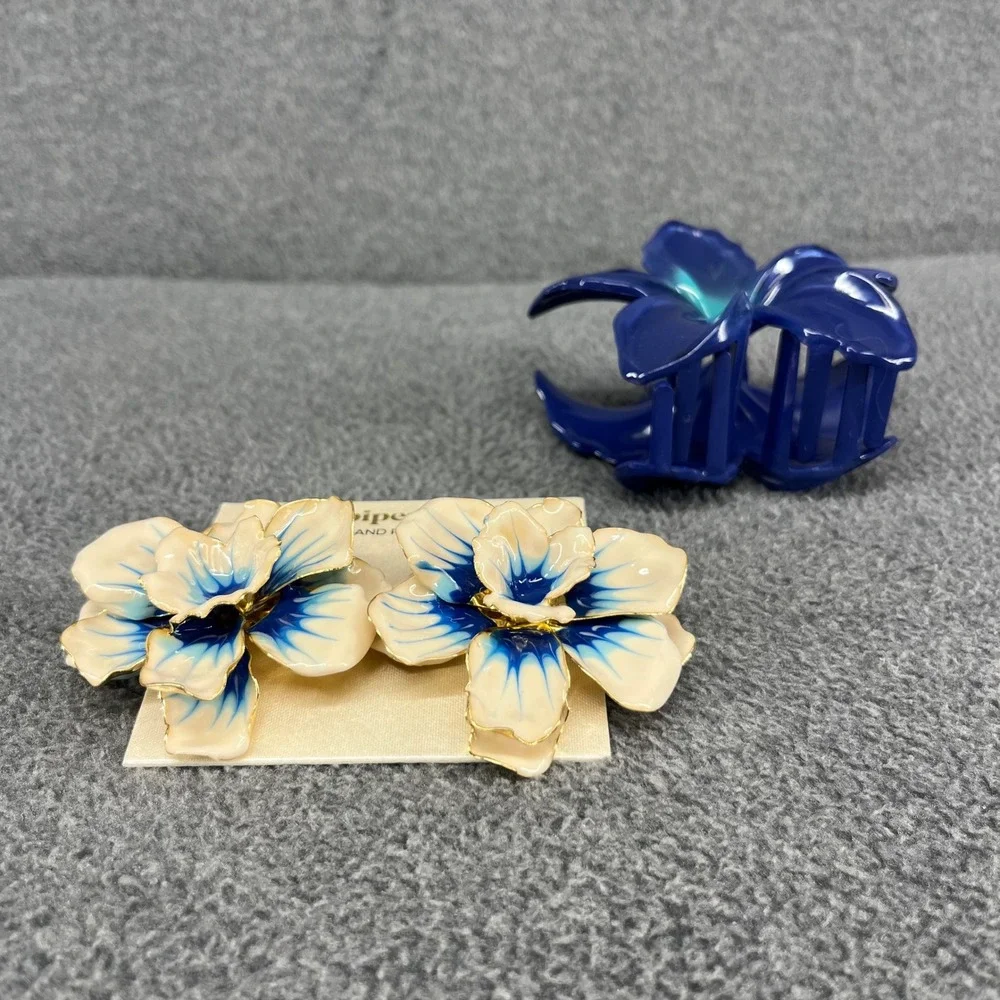 Piper K Floral Clip-On Earrings & Hair Claw Set Beach Tropical Bora Hand Painted